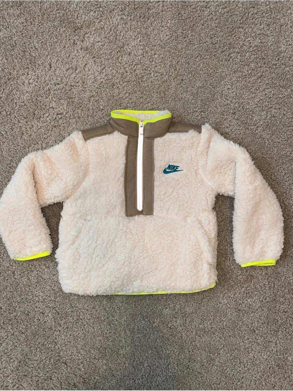 Nike Kids Cream Sherpa Half-Zip Pullover with Brown Accents and Neon Yellow Trim